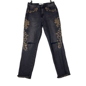One X One Teaspoon Jeans Women's 28 Black Denim Raw Hem  Embroidered Distressed